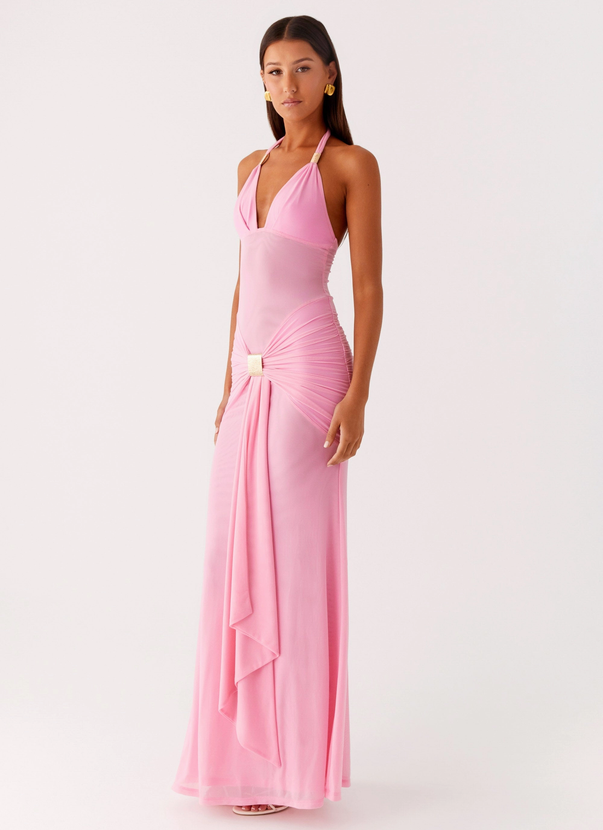 Miyah Halter Hardware Maxi Dress - Baby Pink Subtle-Print Urban Favorite