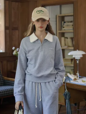 ContrastTipping Amoura SR Logo Embroidered Contrast Color Lace Lapel Cotton Sweatshirt