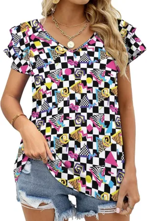 AMRANDOM Womens Short Sleeve Shirts V Neck Lotus Leaf Short Sleeve Tops Summer Blouse Shirts