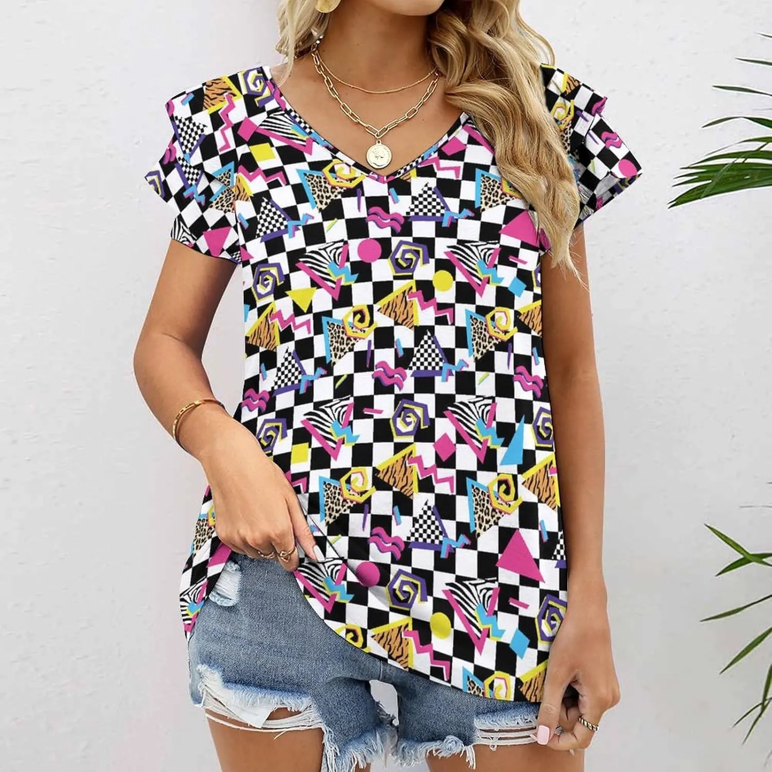 AMRANDOM Womens Short Sleeve Shirts V Neck Lotus Leaf Short Sleeve Tops Summer Blouse Shirts