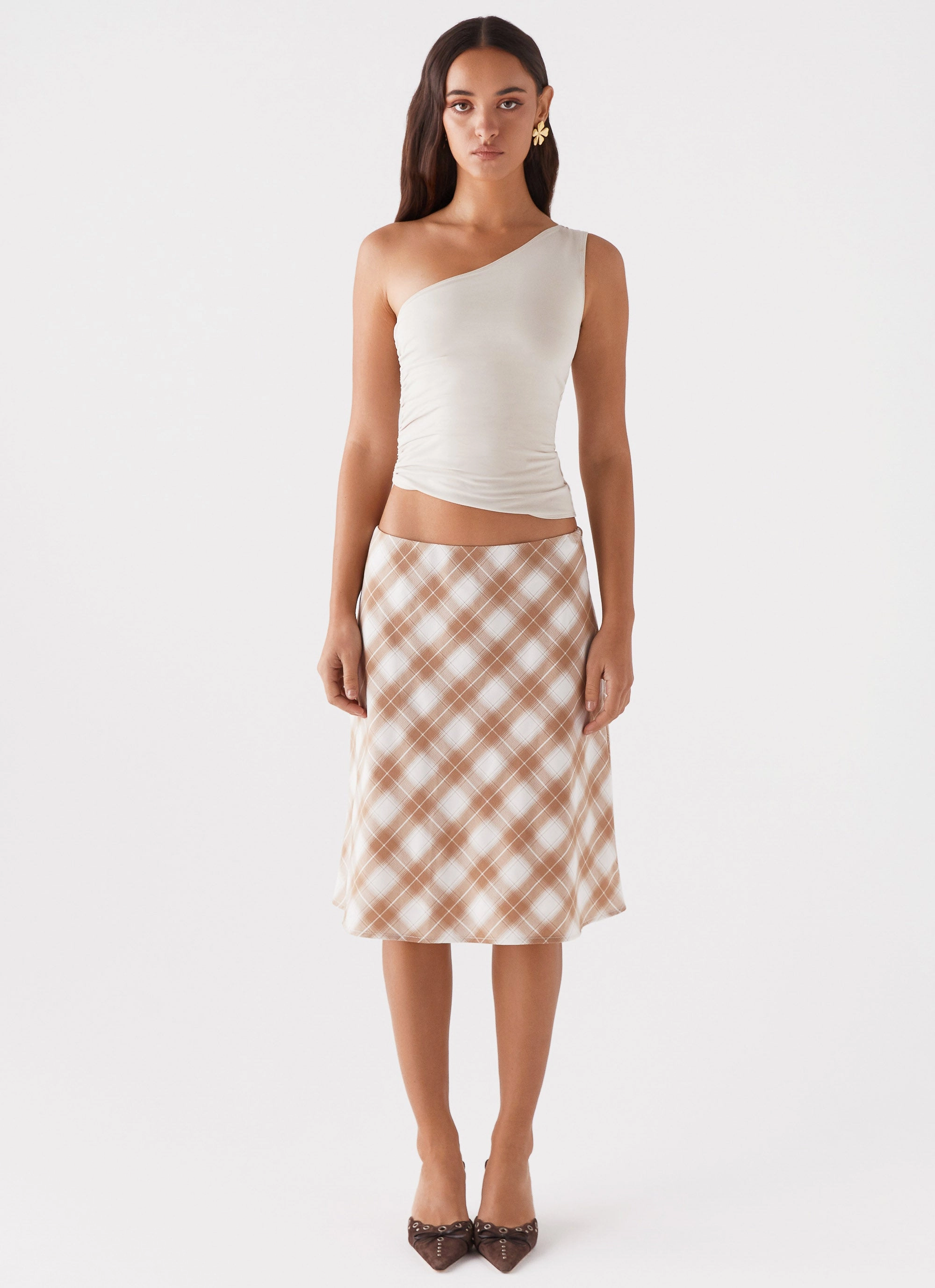 Chic casual High Density Weave Andie Midi Skirt - Brown/White Plaid