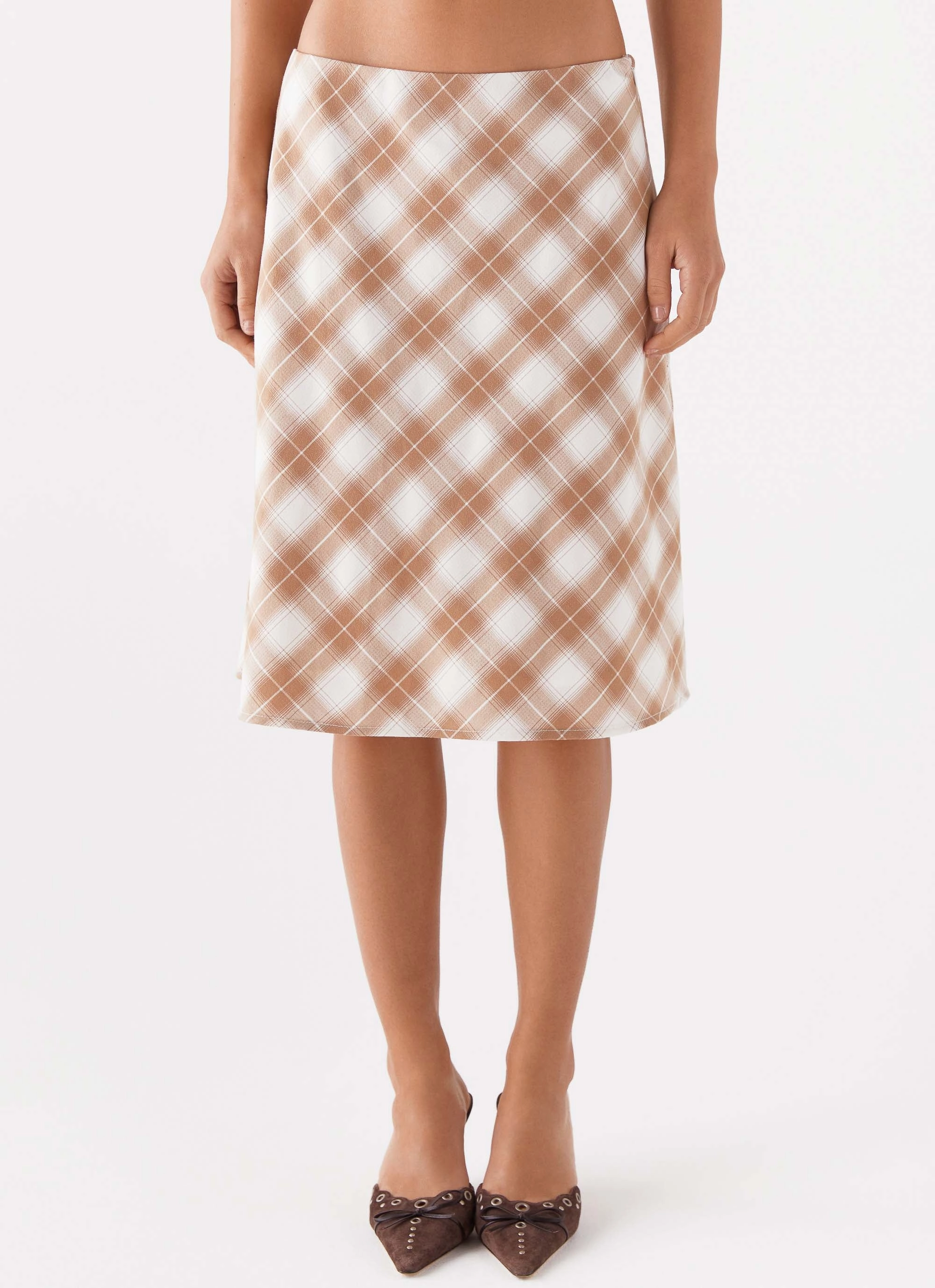 Andie Midi Skirt - Brown/White Plaid Bold Look Machine washable