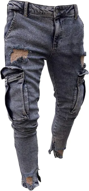 Andongnywell Mens Skinny Stretch Destroyed Denim Pants Ripped Slim Fit Trousers Stretch Knee Pocket Jeans