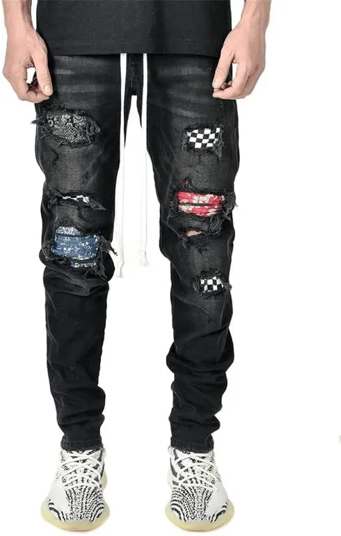 Andongnywell Mens Skinny Stretch Destroyed Denim Pants Ripped Slim Fit Trousers Stretch Knee Pocket Jeans
