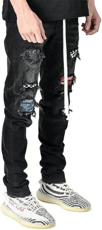 Andongnywell Mens Skinny Stretch Destroyed Denim Pants Ripped Slim Fit Trousers Stretch Knee Pocket Jeans