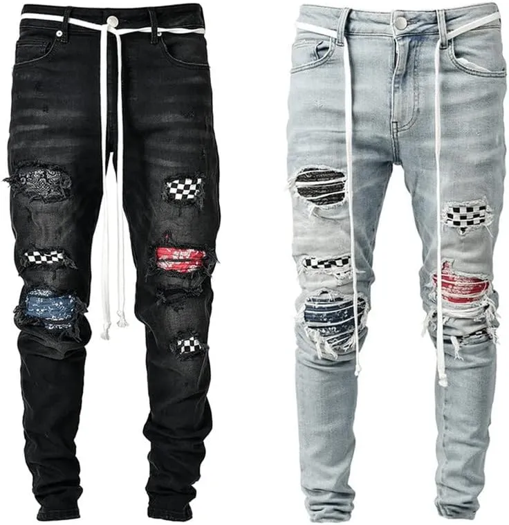 Andongnywell Mens Skinny Stretch Destroyed Denim Pants Ripped Slim Fit Trousers Stretch Knee Pocket Jeans