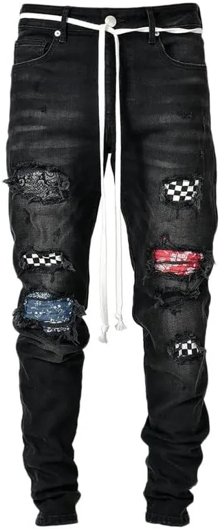 Andongnywell Mens Skinny Stretch Destroyed Denim Pants Ripped Slim Fit Trousers Stretch Knee Pocket Jeans