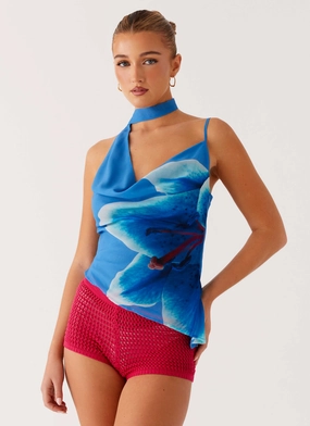 Andrina Cowl Neck Top - Oceania Bloom Durable Reinforced Elbow Patches WaterResistant