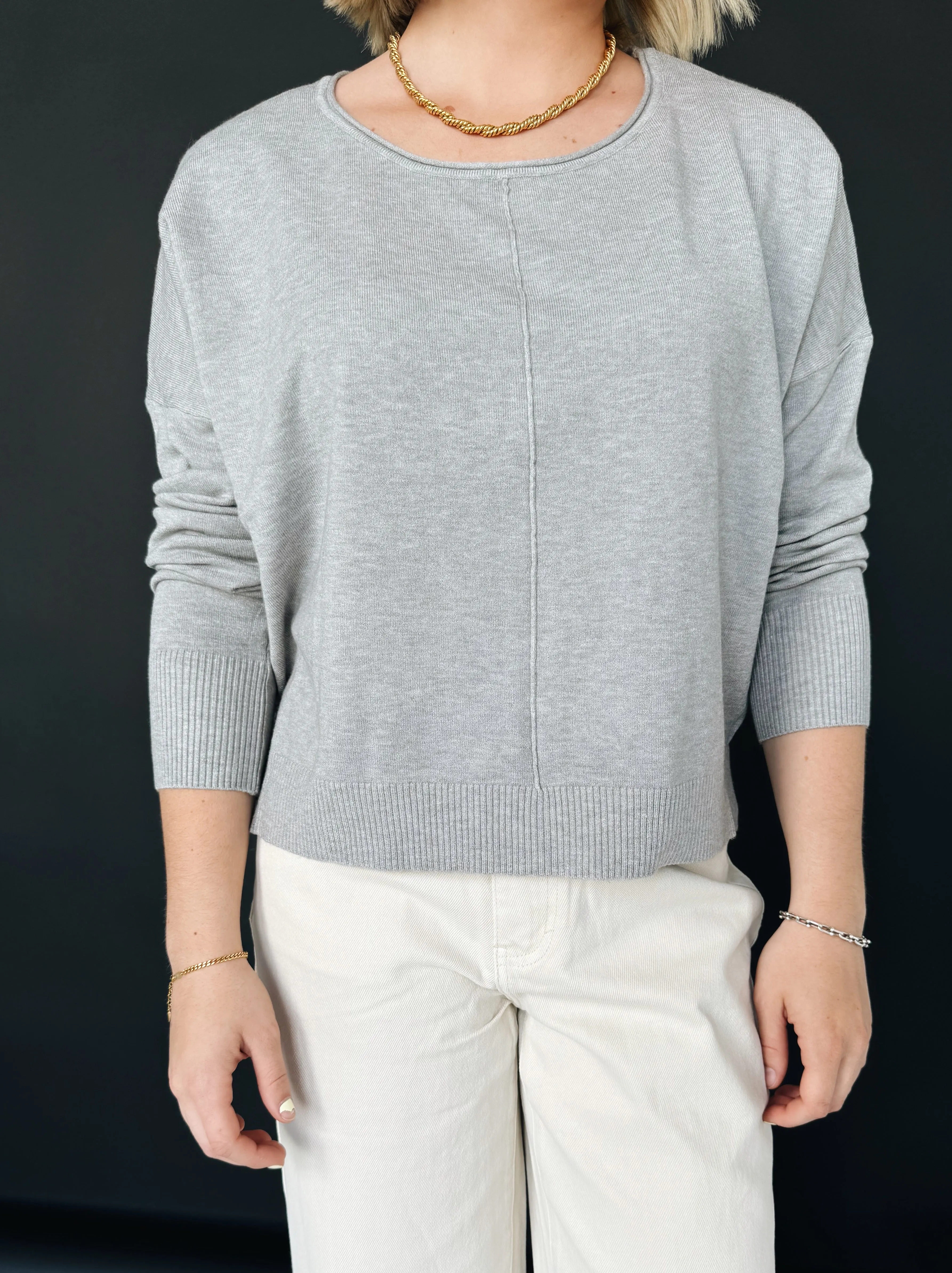 YarnDyeStripe High Collar Design Andy Crew Neck - Grey
