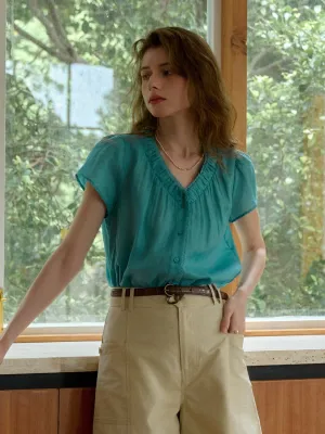 FlatlockStitching Angela V-Neck 100% Ramie Blouse