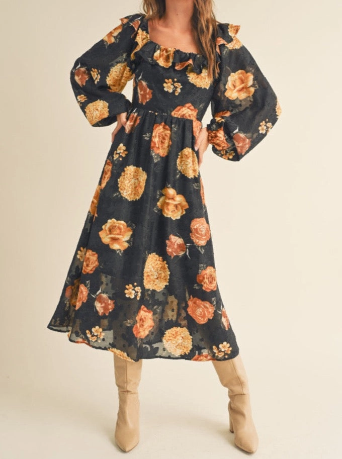 Angela Black Floral Dress Semi Casual Birthday-Celebration