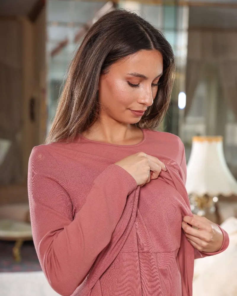 Angelice Salmon Logo Ribbed Modal Nursing Nightgown