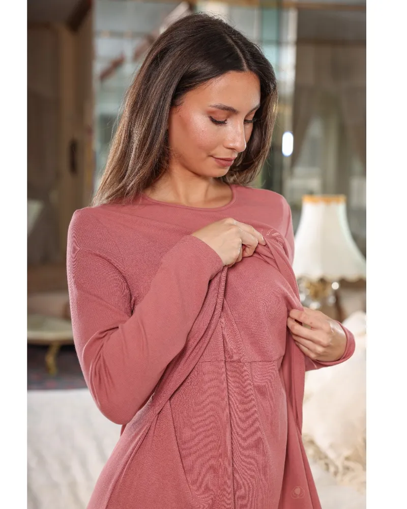 Angelice Salmon Logo Snaps Ribbed Modal Nightgown