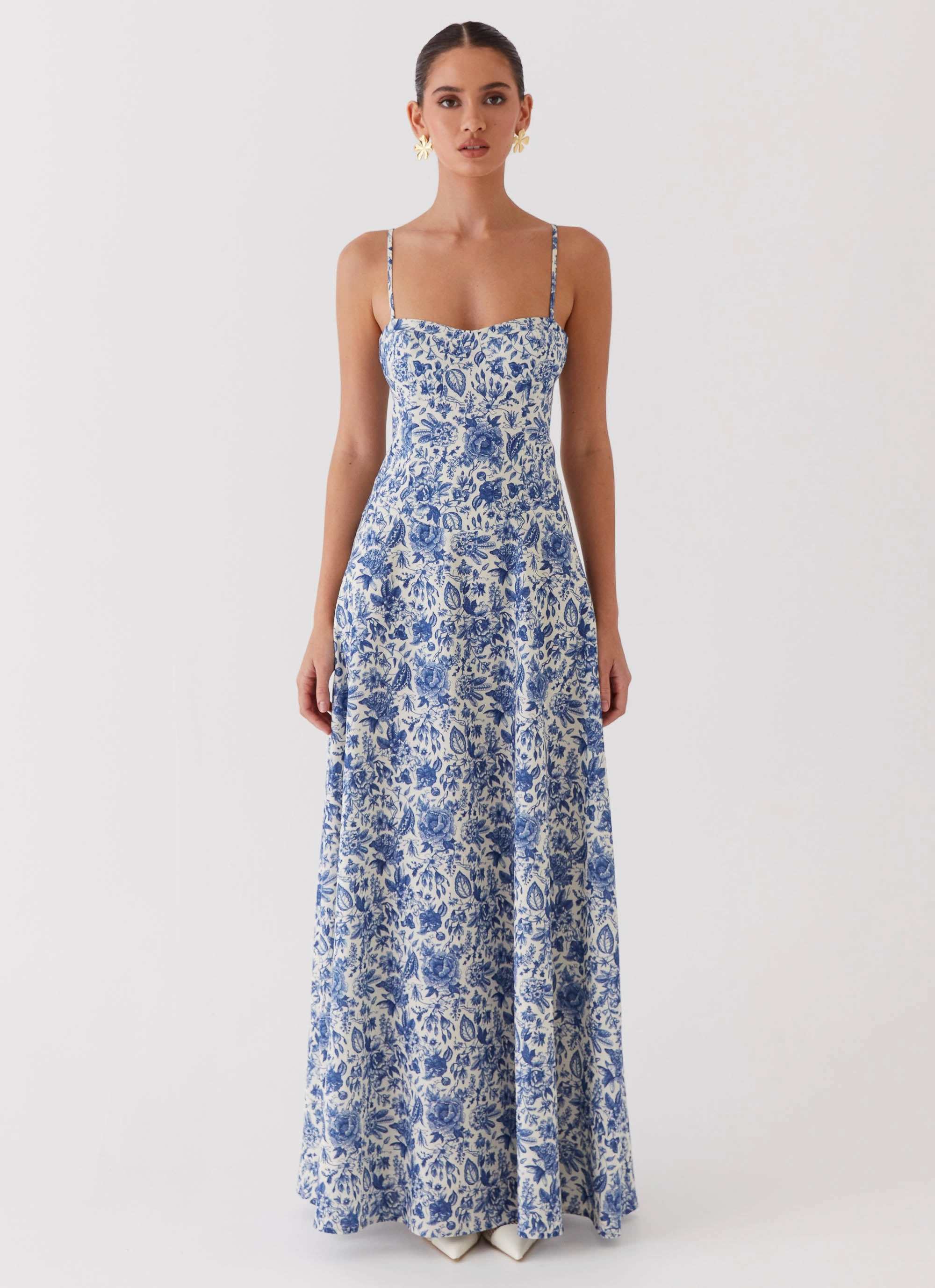 Angelina Linen Maxi Dress - Blue Paisley Lined interior