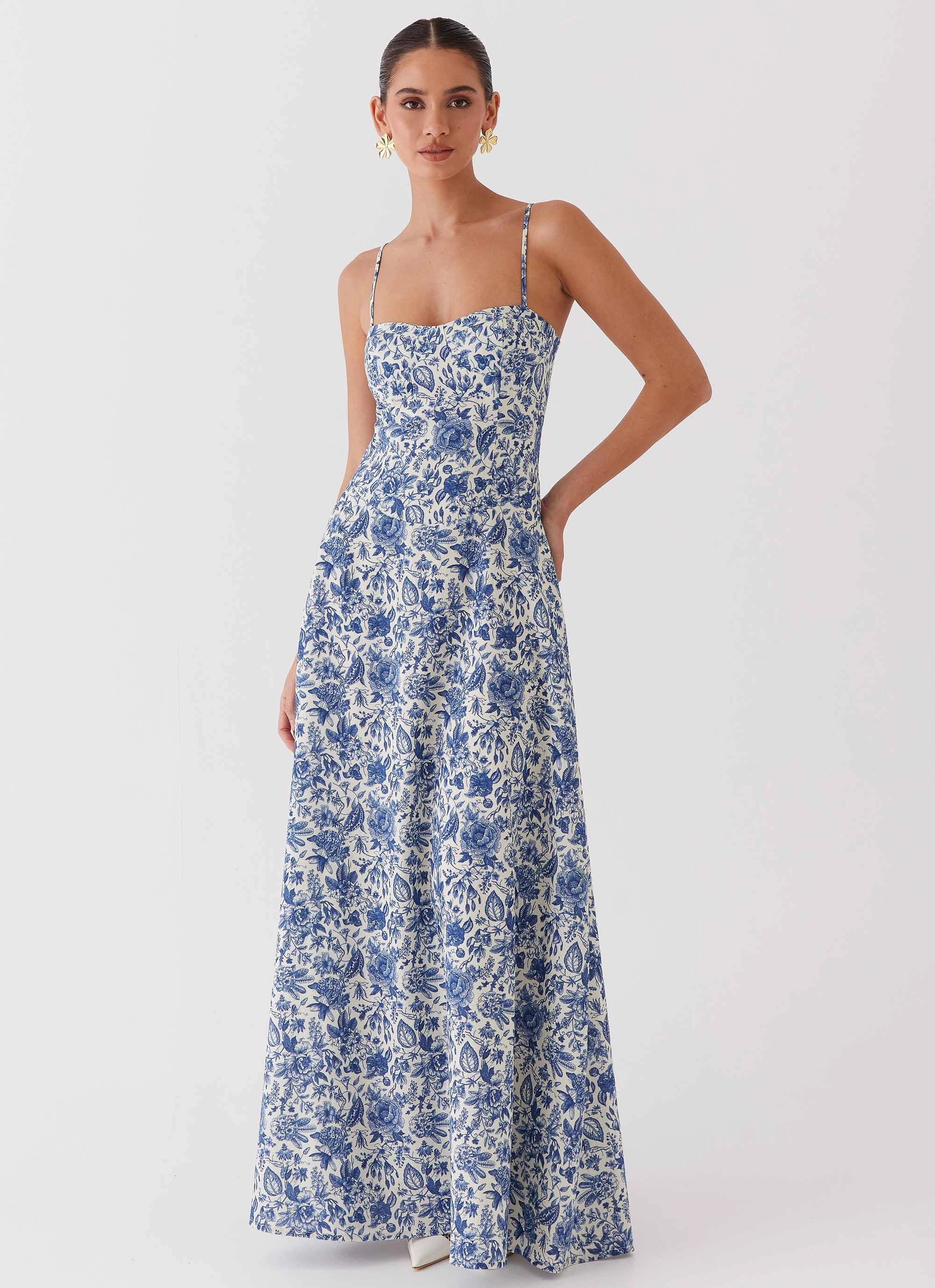 Angelina Linen Maxi Dress - Blue Paisley Comfortable office piece