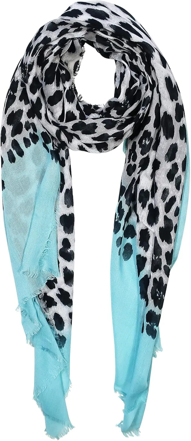 Animal Print Cashmere Silk Scarf in Aqua Blue and Snow 78 x 22