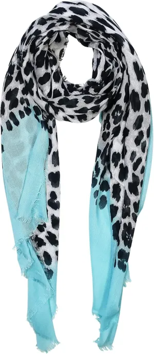 Animal Print Cashmere Silk Scarf in Aqua Blue and Snow 78 x 22
