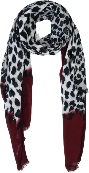 Animal Print Cashmere Silk Scarf in Burgundy and Snow 78 x 22