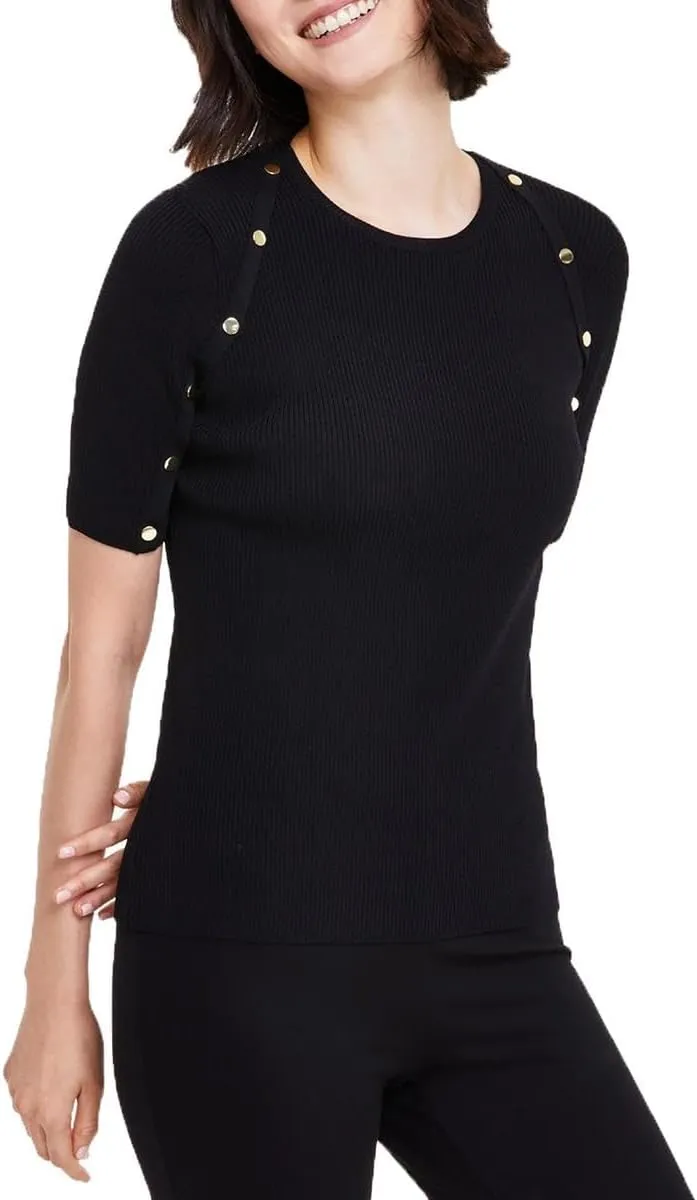 Anne Klein Womens Button Ribbed Knit Pullover Sweater