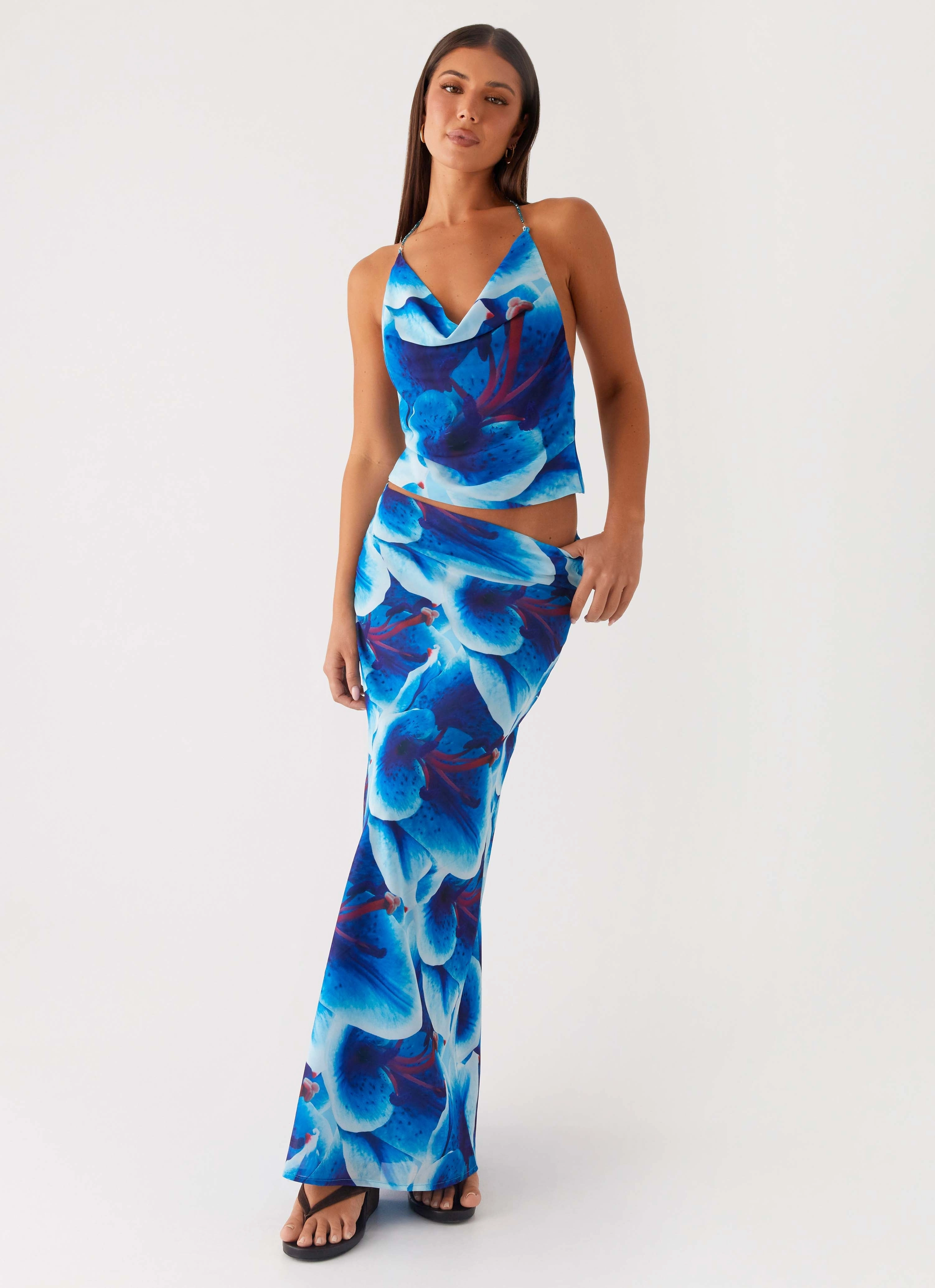 Another Life Chiffon Maxi Skirt - Turquoise Floral Print Mix All Day Fit