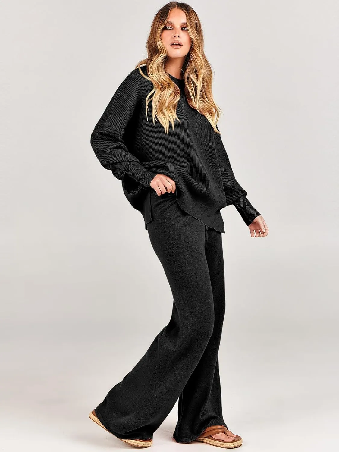 ANRABESS Women 2 Piece Outfits Oversized Chunky Knit Sweater Top Wide Leg Pants 2024 Fall Lounge Set Trendy Cozy Clothes