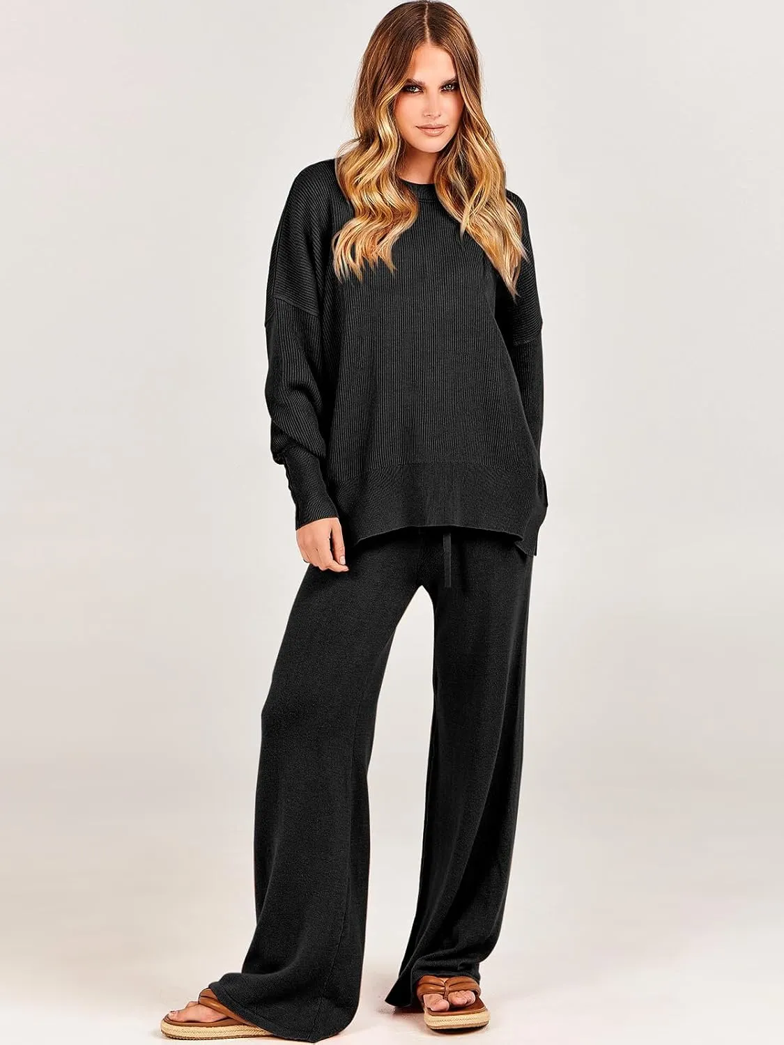 ANRABESS Women 2 Piece Outfits Oversized Chunky Knit Sweater Top Wide Leg Pants 2024 Fall Lounge Set Trendy Cozy Clothes