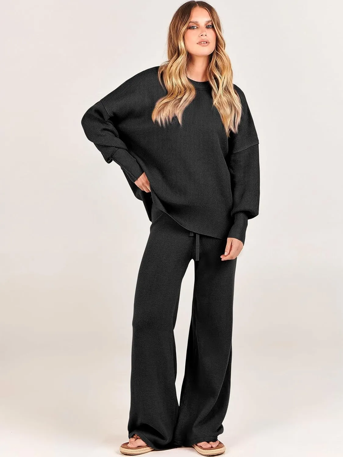 ANRABESS Women 2 Piece Outfits Oversized Chunky Knit Sweater Top Wide Leg Pants 2024 Fall Lounge Set Trendy Cozy Clothes
