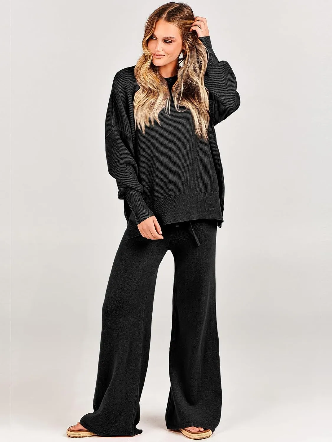 ANRABESS Women 2 Piece Outfits Oversized Chunky Knit Sweater Top Wide Leg Pants 2024 Fall Lounge Set Trendy Cozy Clothes