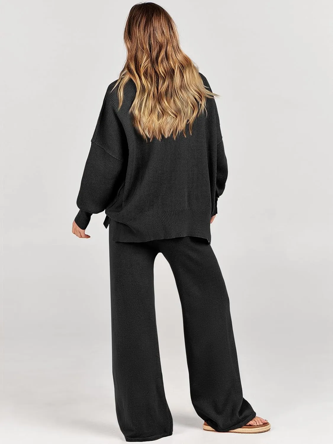 ANRABESS Women 2 Piece Outfits Oversized Chunky Knit Sweater Top Wide Leg Pants 2024 Fall Lounge Set Trendy Cozy Clothes