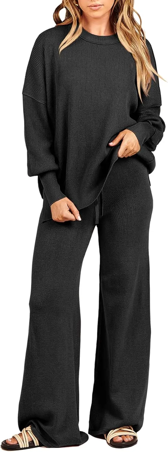 ANRABESS Women 2 Piece Outfits Oversized Chunky Knit Sweater Top Wide Leg Pants 2024 Fall Lounge Set Trendy Cozy Clothes