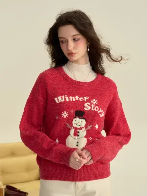 ZonalVentilation MultiPanelBreathability ??Final Sale??Natalie Round Neck Snowman Wool Sweater