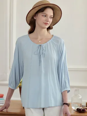 Neutral Tone Palette ??Final Sale??Kenzie Cool Tencel Linen Light Blue Tie Blouse