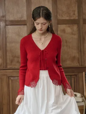 Kyla V-neck Tie Lace Hollow Embroidery Knitted Cardigan Curved Hem Flowy Tunic
