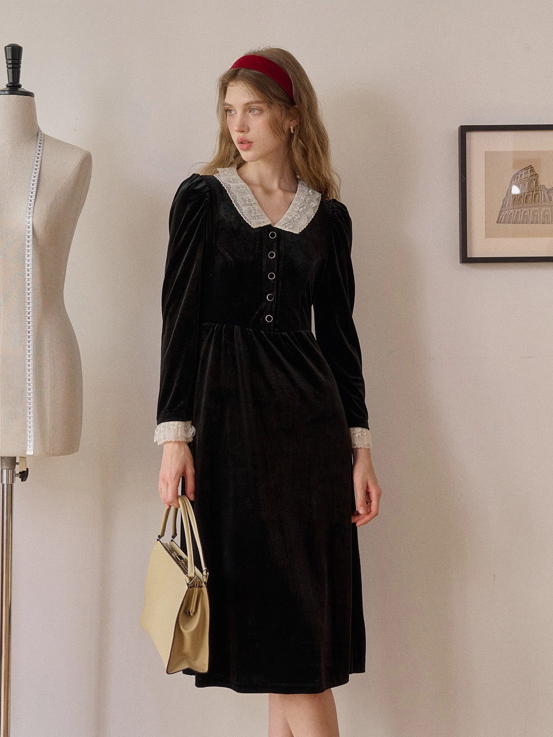 Anti Bacterial Treatment Emely V-Neck Velvet Lace Dress Elegant Cut HighNeck