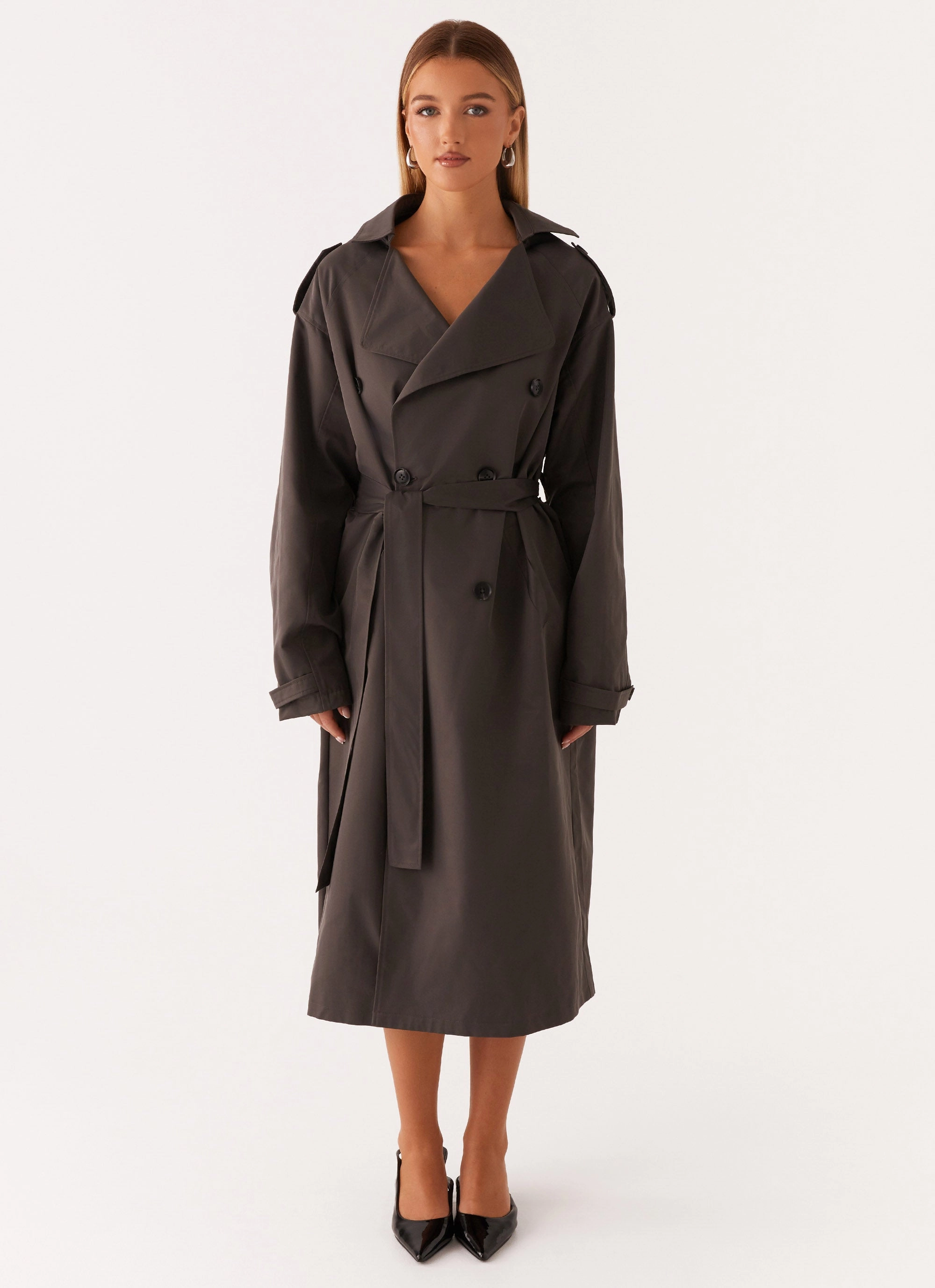 Brighton Oversized Trench Coat - Grey Adjustable Hem Lock System