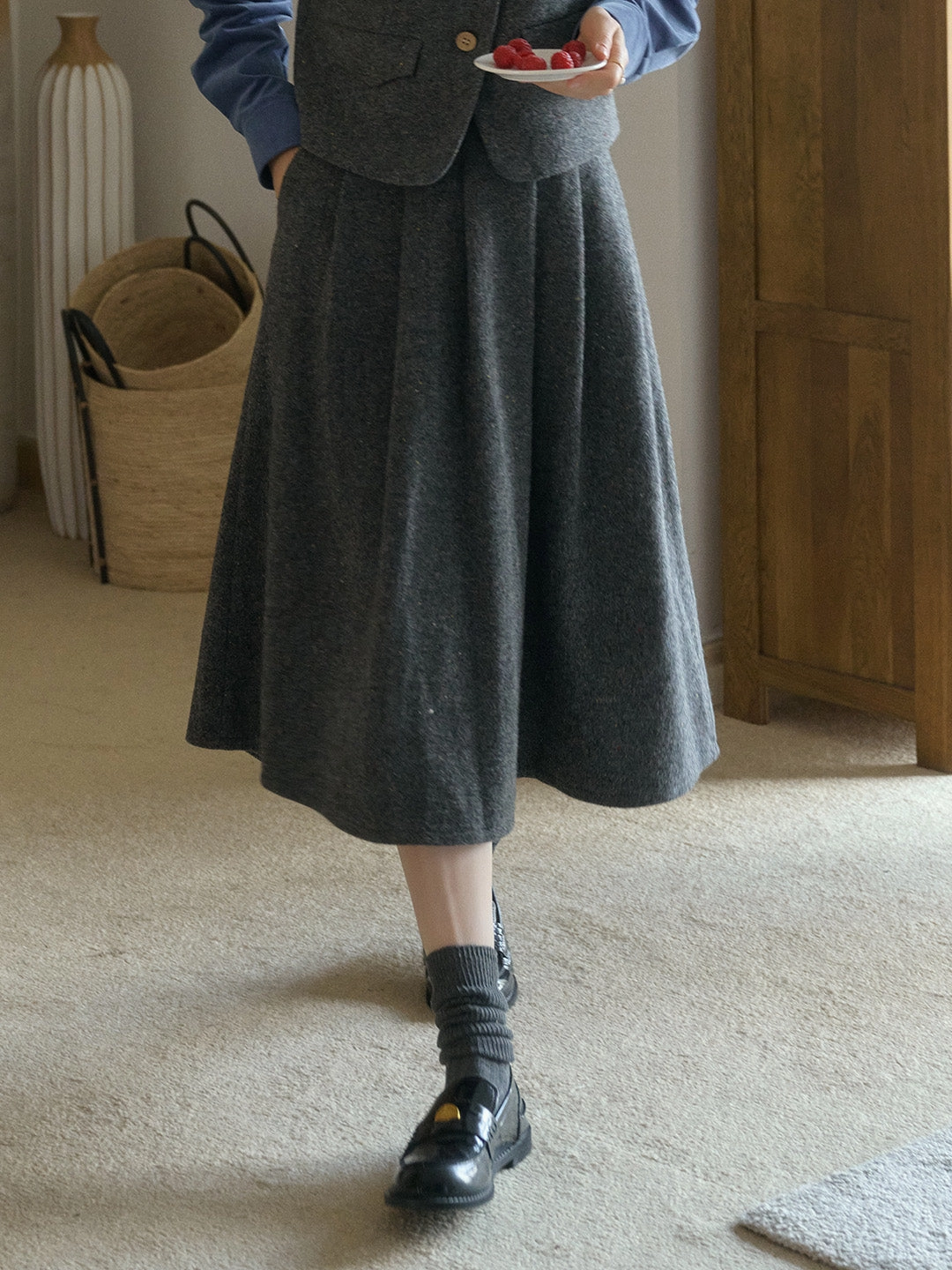 Plus-size option Mercy Sweet Slim A-line Pocket Wool Skirt - Gray