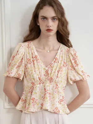 Luciana Tulip French Style Large V-neck Floral Shirt VNeckReinforcement