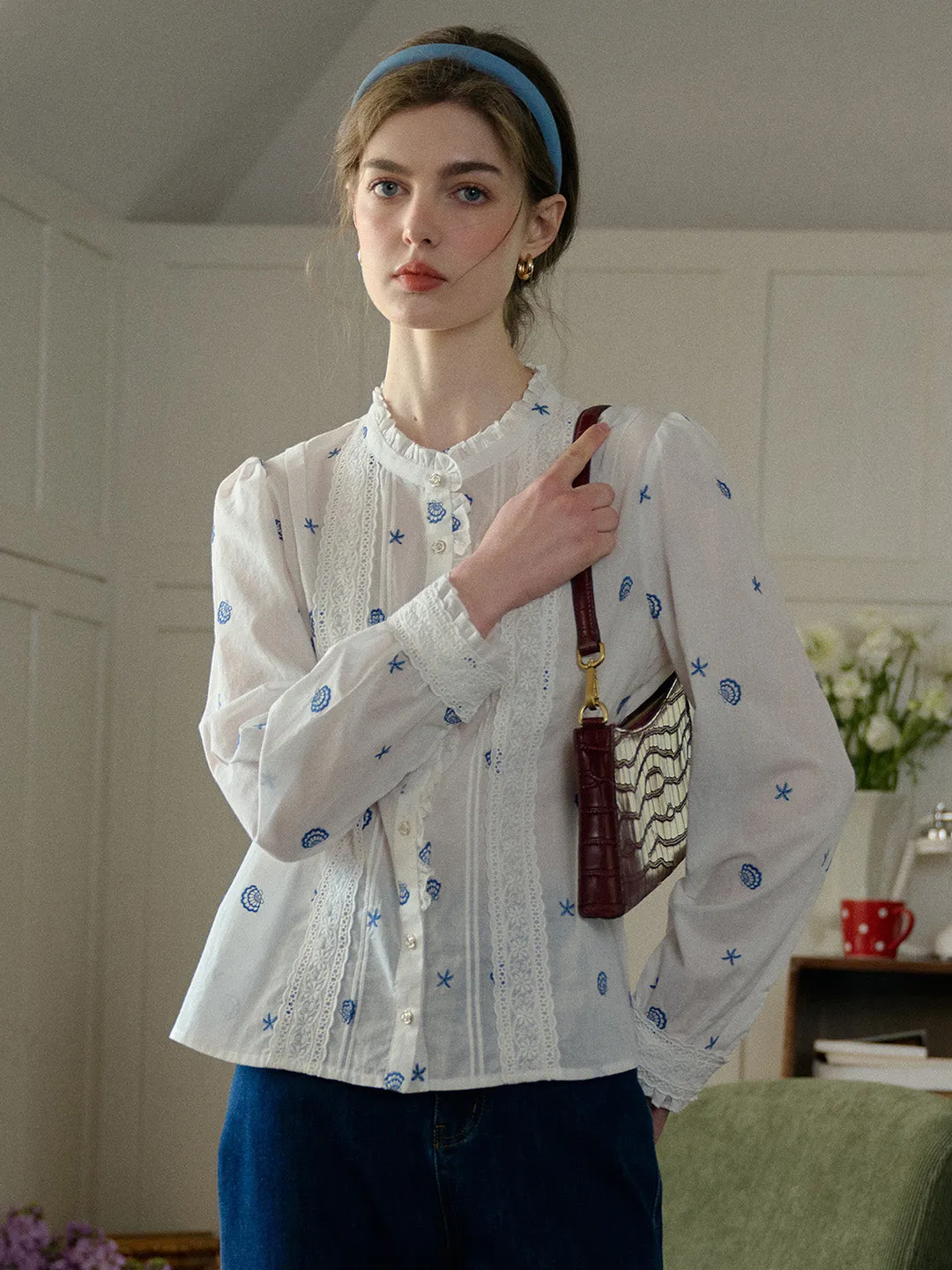 Madison Lace Paneled Button Front Cotton Blouse Non Restrictive Mobility