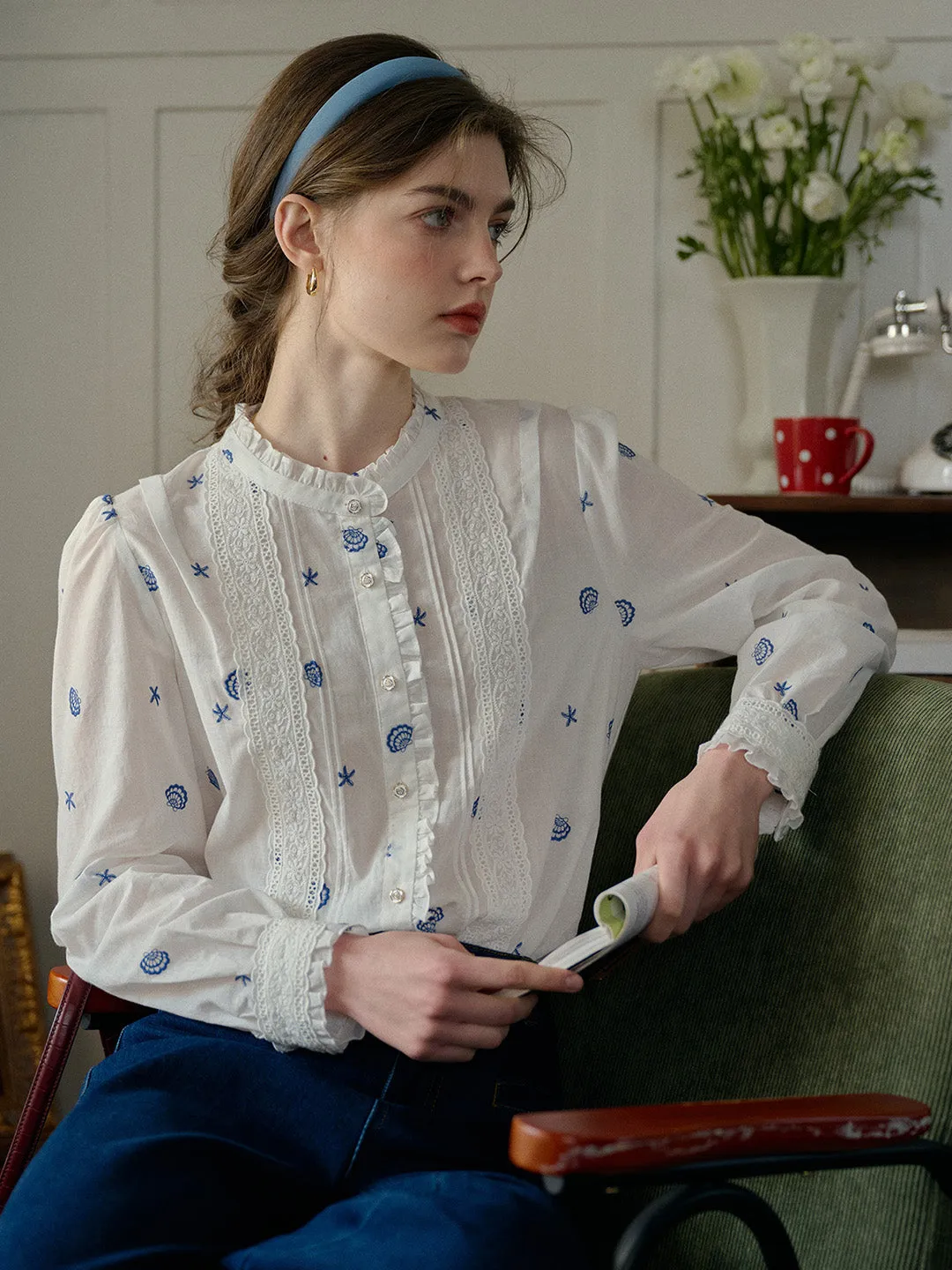 Madison Lace Paneled Button Front Cotton Blouse SweatWicking Fabric