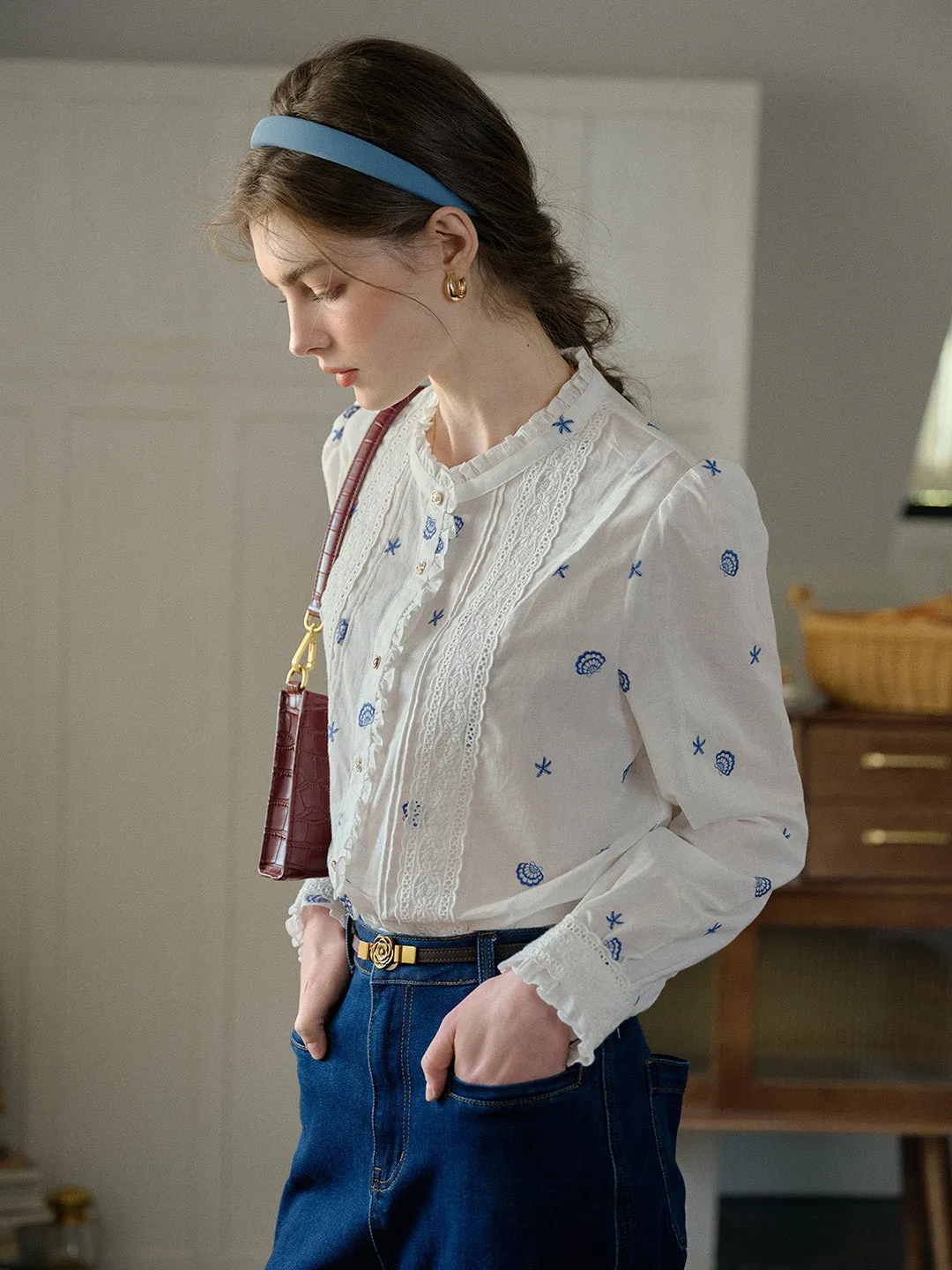 Madison Lace Paneled Button Front Cotton Blouse FrictionResistantEdges