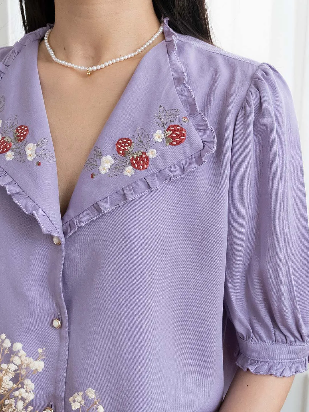 Erin Embroidered Collar Purple Blouse Low Profile Zipper Closure