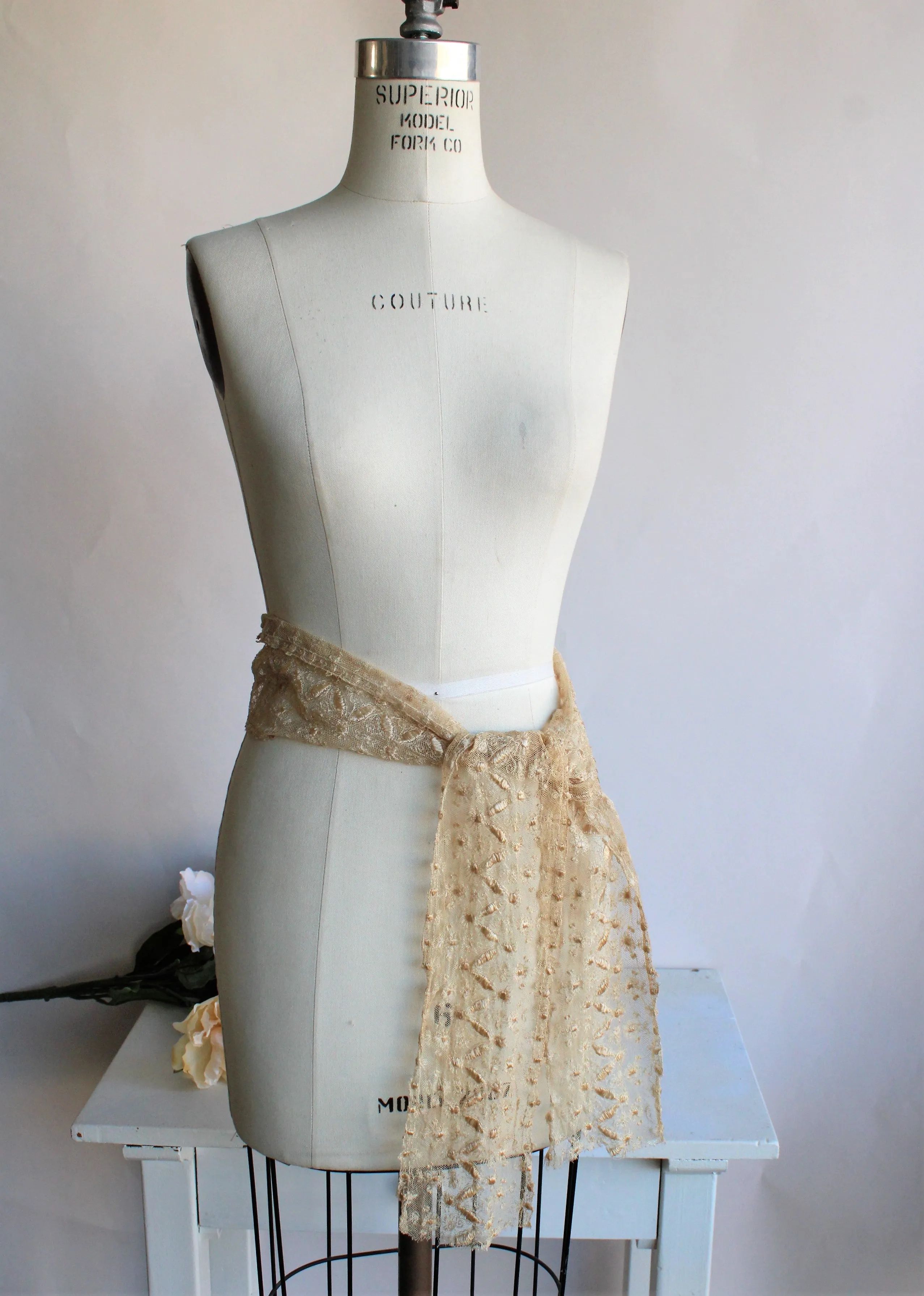 Antique 1910s 1920s Silk Lace Scarf or Sash or Trim