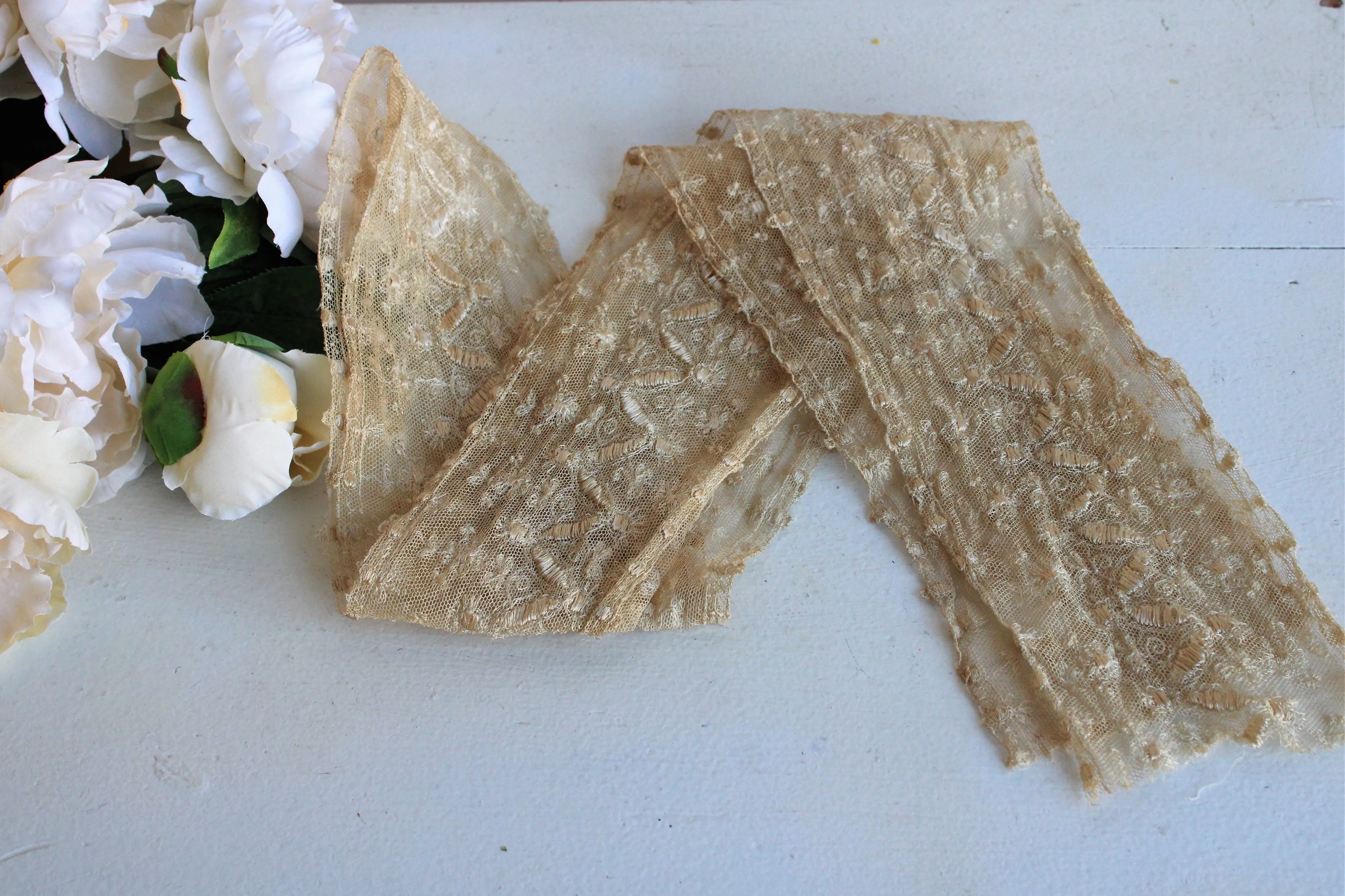 Antique 1910s 1920s Silk Lace Scarf or Sash or Trim