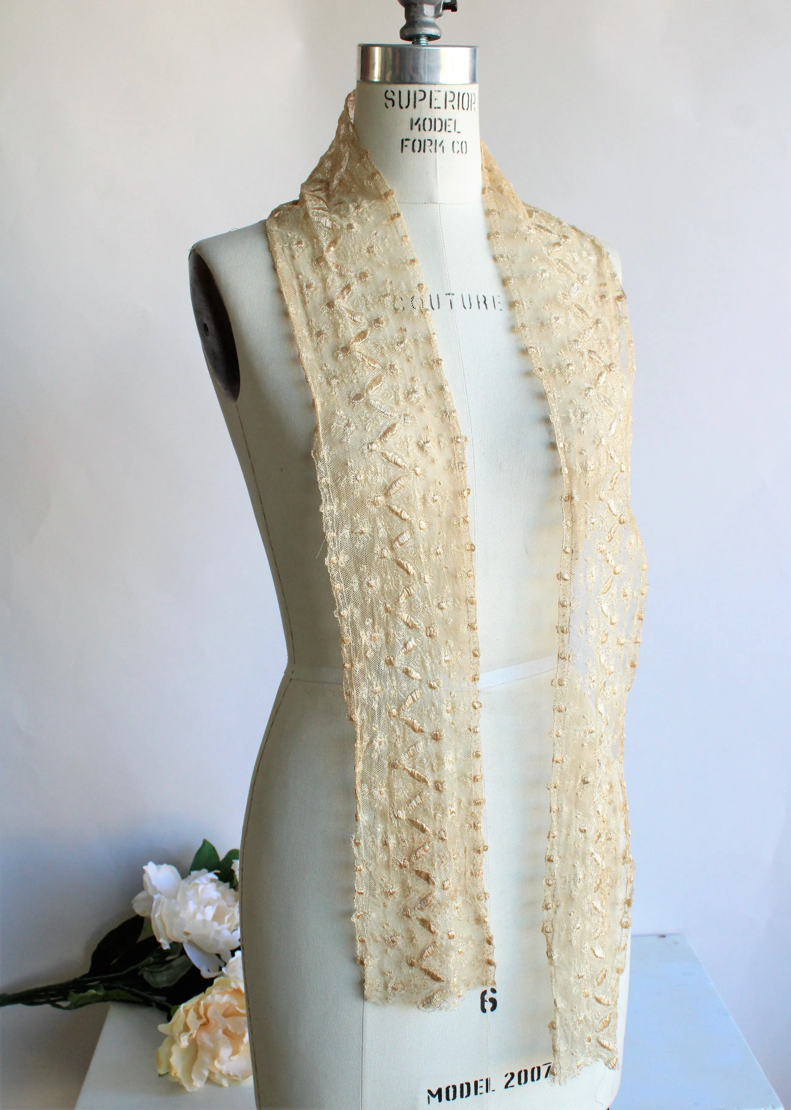 Antique 1910s 1920s Silk Lace Scarf or Sash or Trim