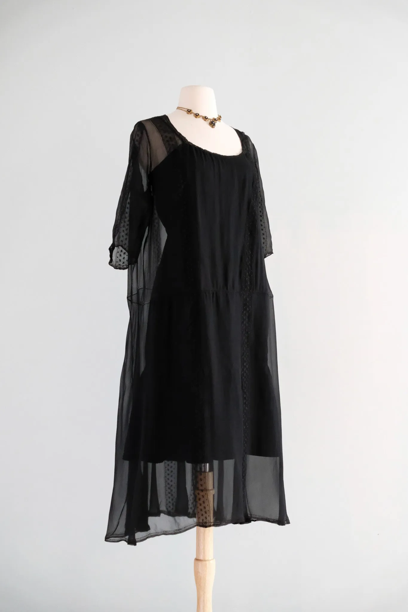 Antique 1920's Sheer Black Silk Chiffon Dress / ML