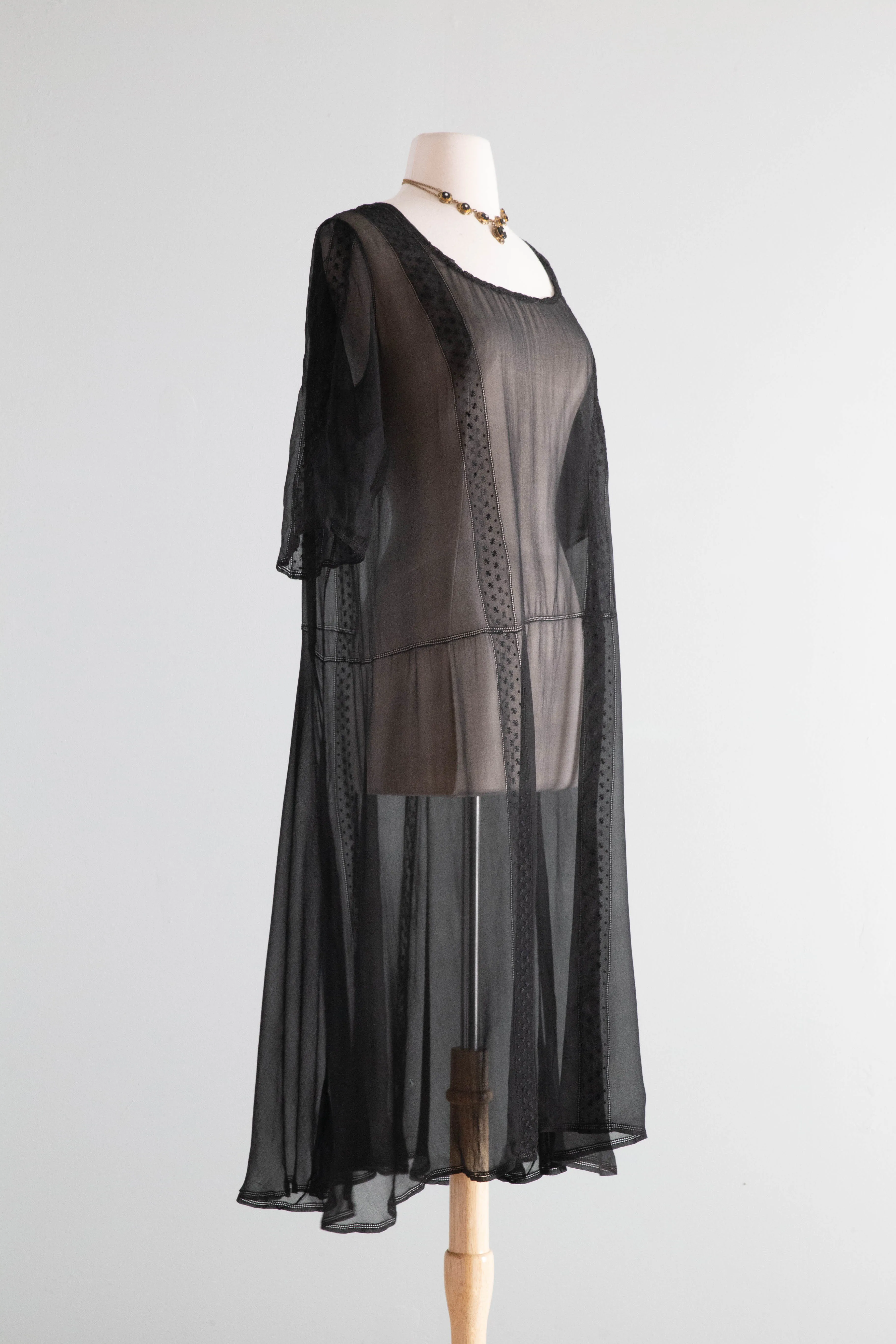 Antique 1920's Sheer Black Silk Chiffon Dress / ML