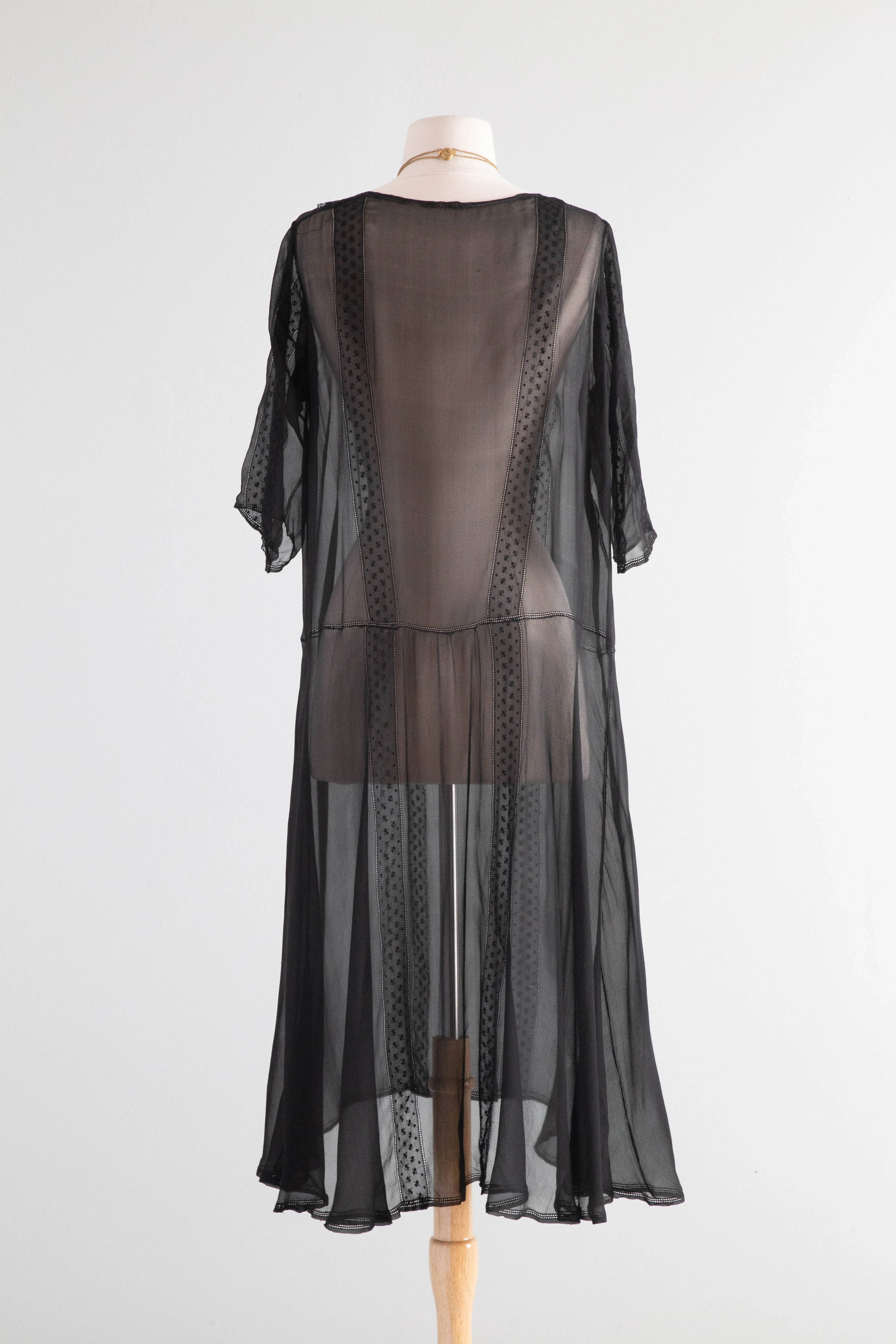 Antique 1920's Sheer Black Silk Chiffon Dress / ML