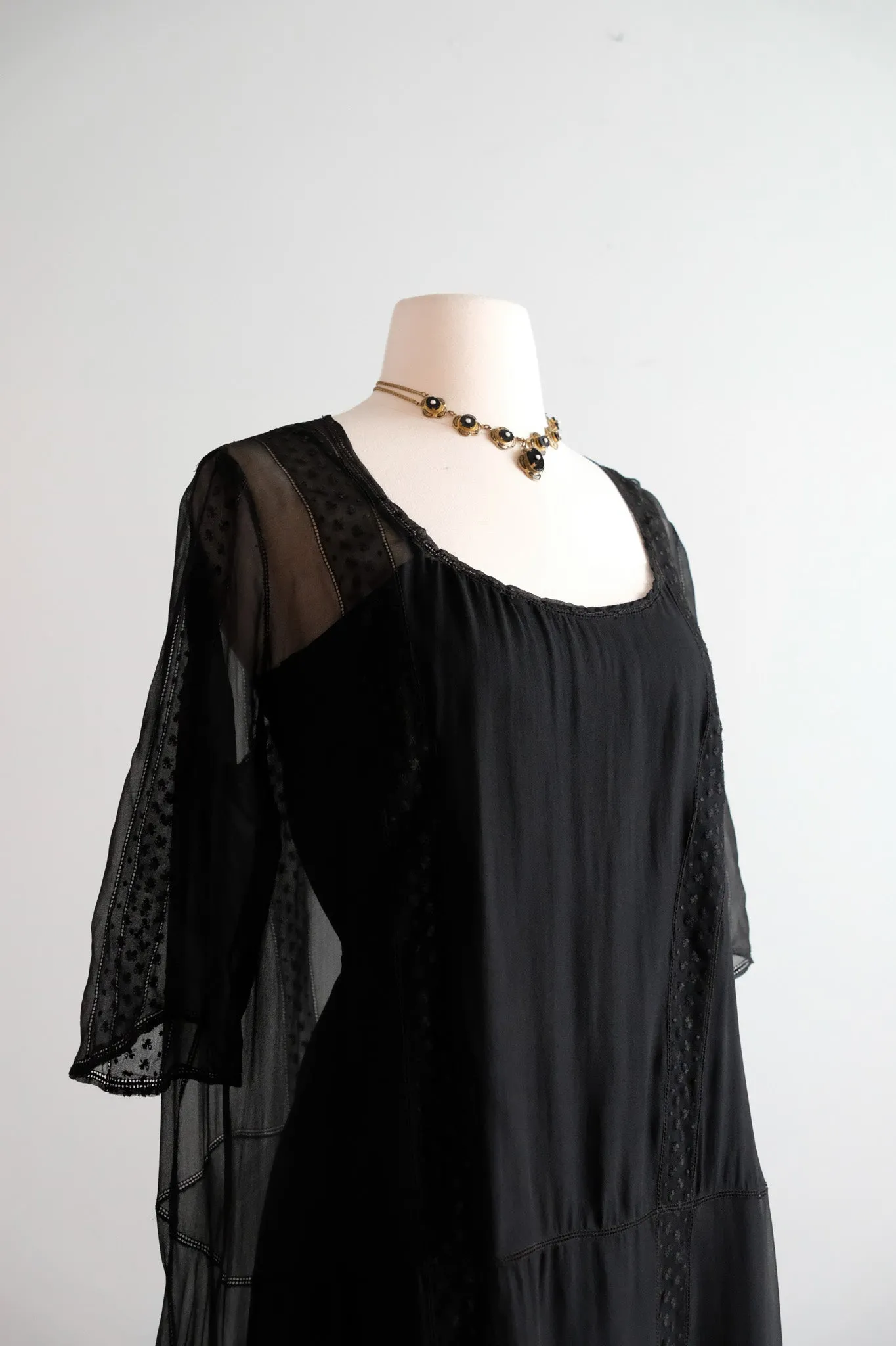Antique 1920's Sheer Black Silk Chiffon Dress / ML