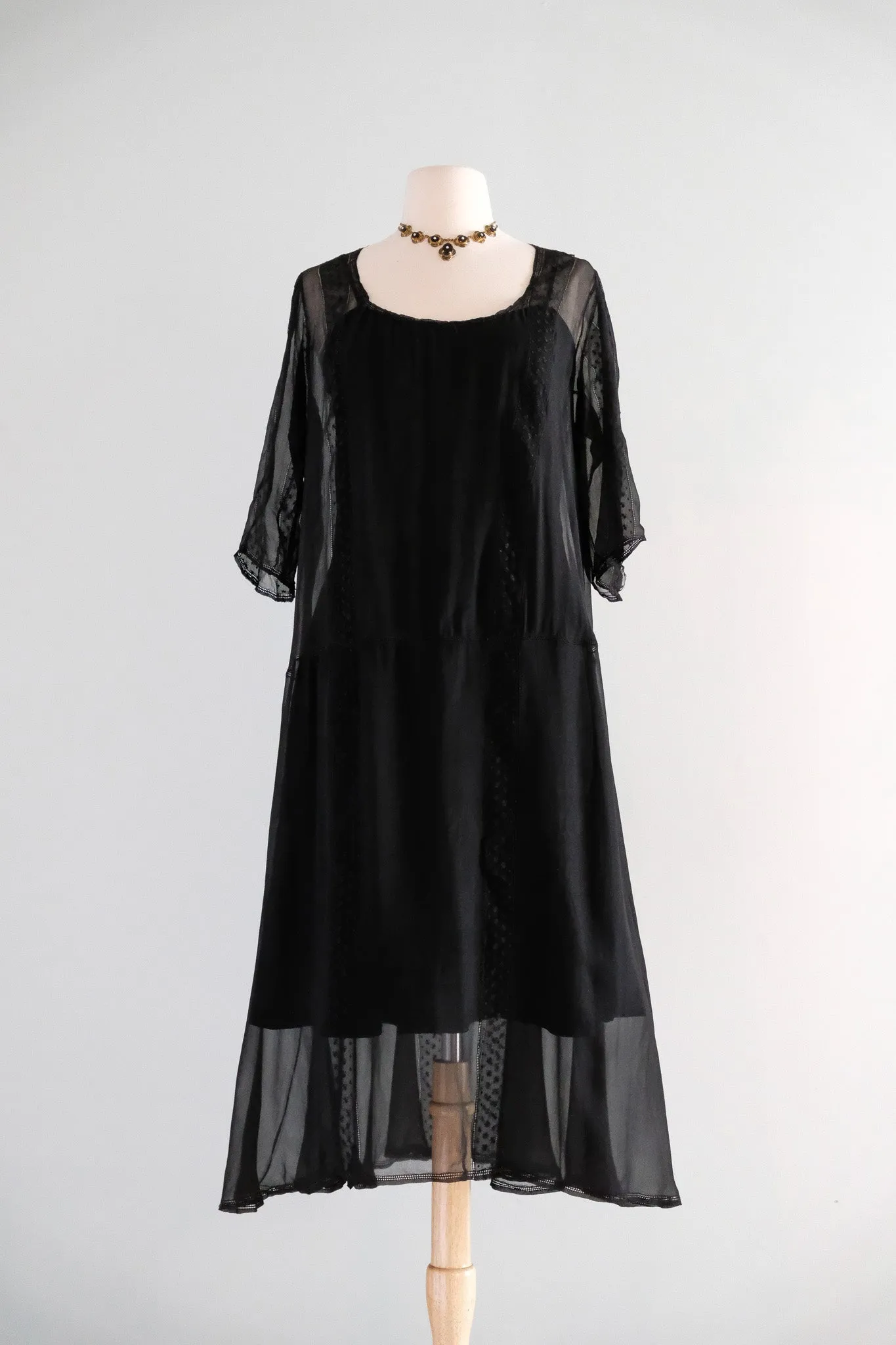 Antique 1920's Sheer Black Silk Chiffon Dress / ML