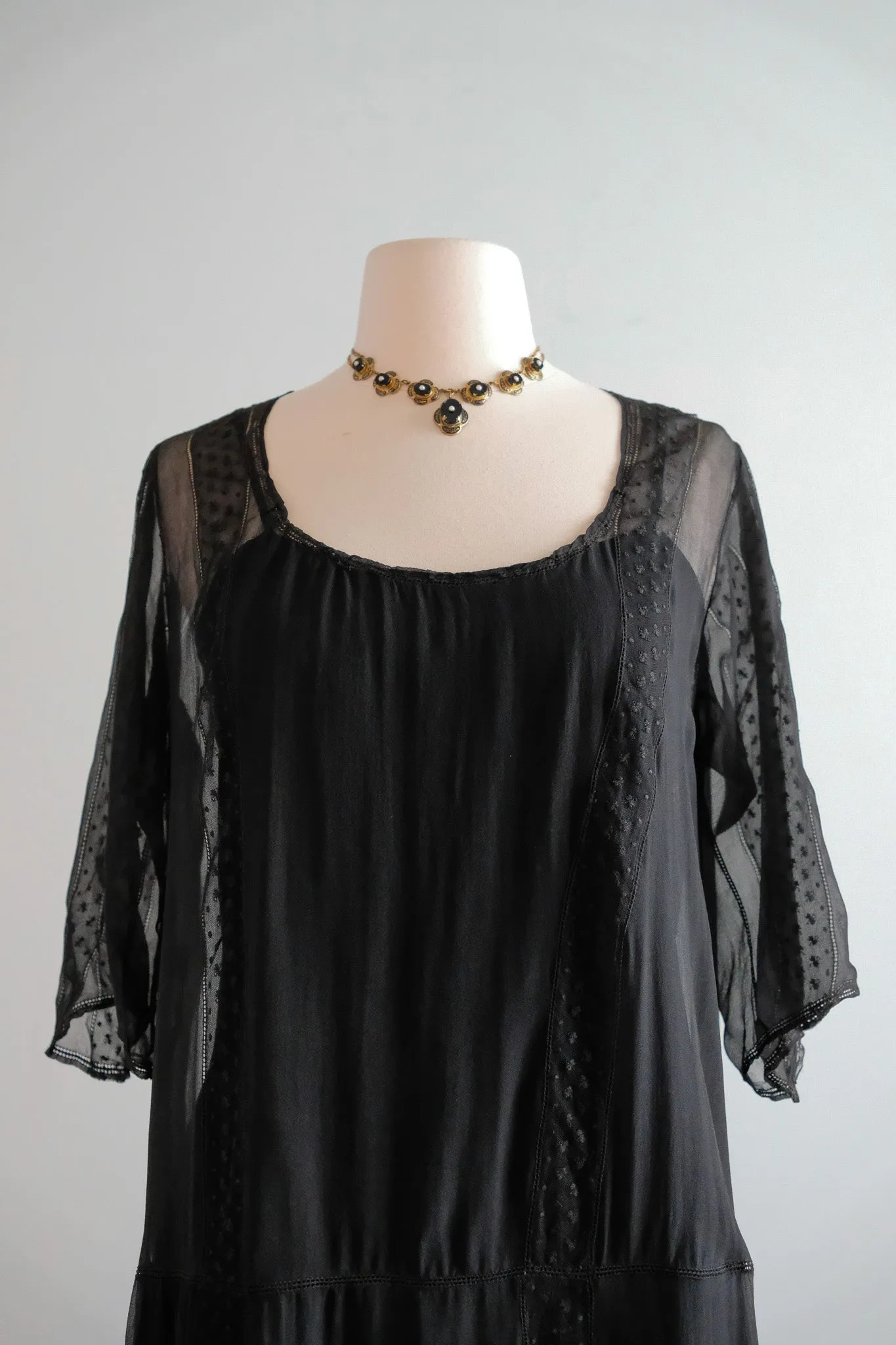 Antique 1920's Sheer Black Silk Chiffon Dress / ML